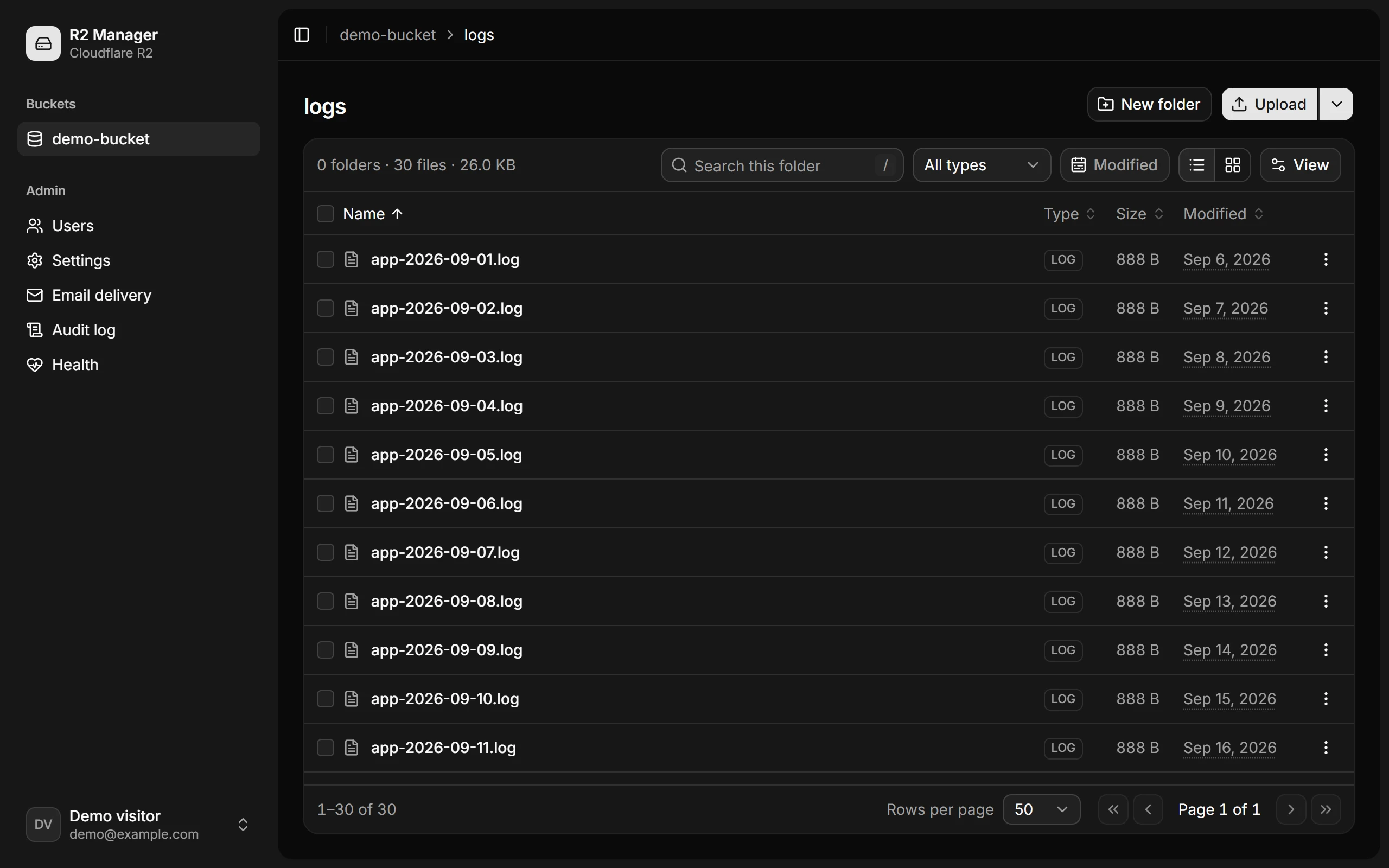 The R2 Manager file browser in dark mode, listing log files with sorting, filters and pagination